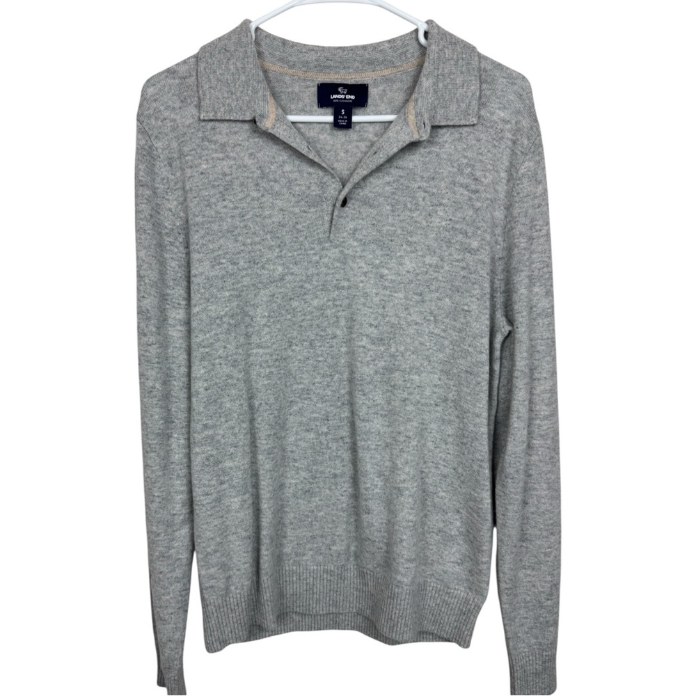 Lands End Men's 100% Cashmere Sweater light grey polo sweater S